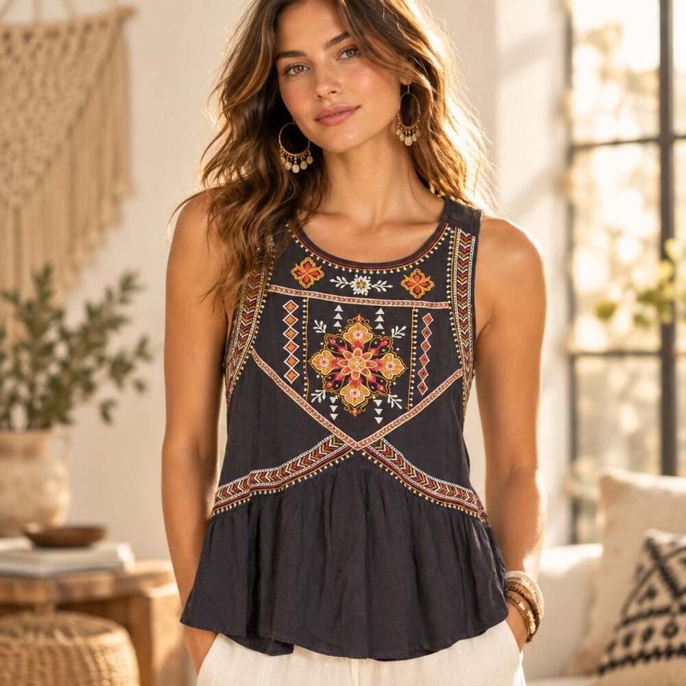 c + j collection Embroidered Tank Top Size L Grey Boho Peplum